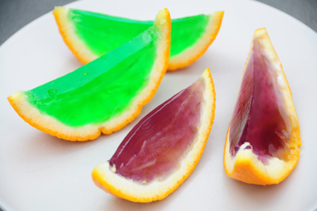 purple and green jello oranges