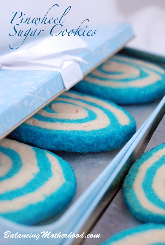blue and white pinwheel cookies in tin