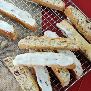 cherry and pistachio biscotti, dipped in white chocolate. Delicous!