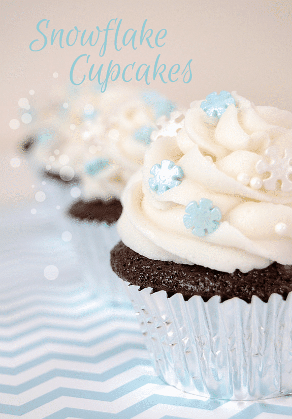 Snowflake cupcakes -- chocolate cupcakes with vanilla buttercream frosting