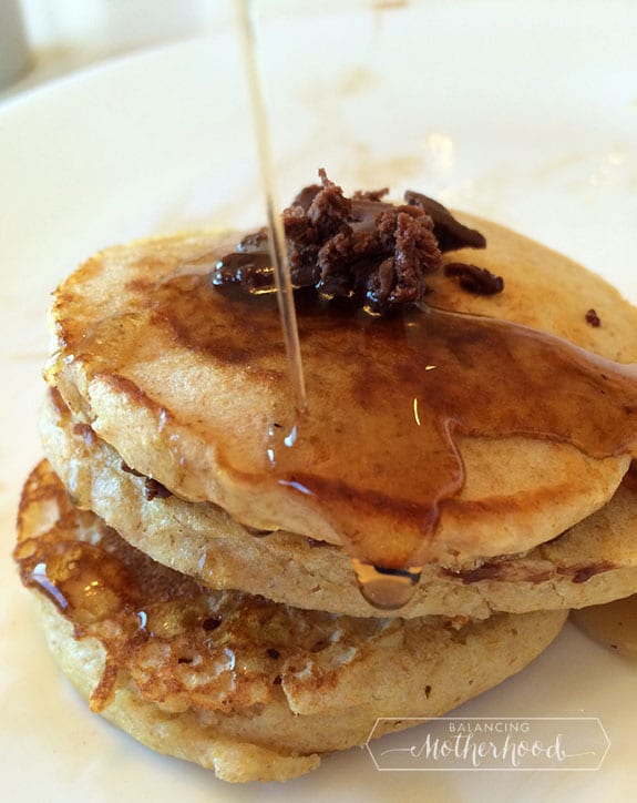 chocolate butter on whole wheat pancakes with maple syrup -- YUM!