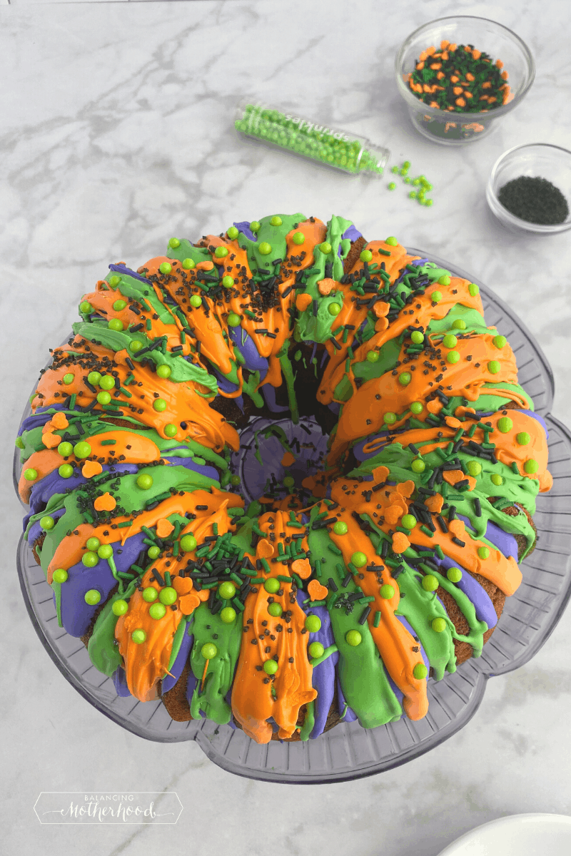 top down of the colorful Halloween bundt cake