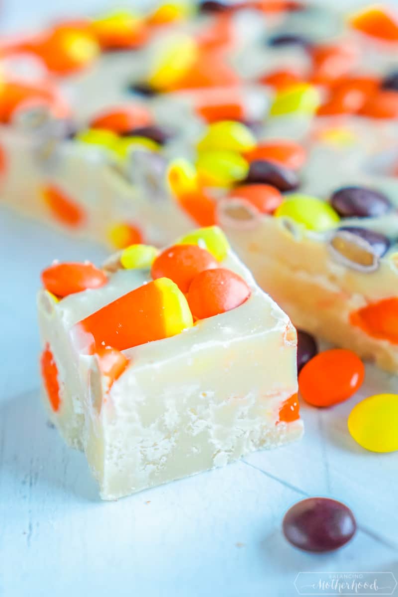 White Chocolate Candy Corn Fudge on table