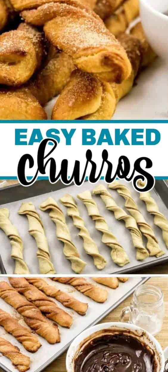 These churros are the best churros recipe! No frying, just use packaged crescent dough, twist, and bake! We've got a special Mexican chocolate dipping sauce that makes these cinnamon sugar churros irresistible! #churros #baked #crescentdough #recipe #easyrecipe #breakfast #dessert #dessertrecipe #cinnamonsugar #churrosrecipe