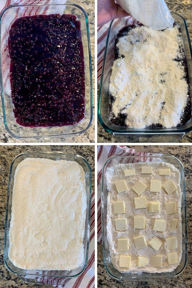 four photos of blueberry dump cake layers