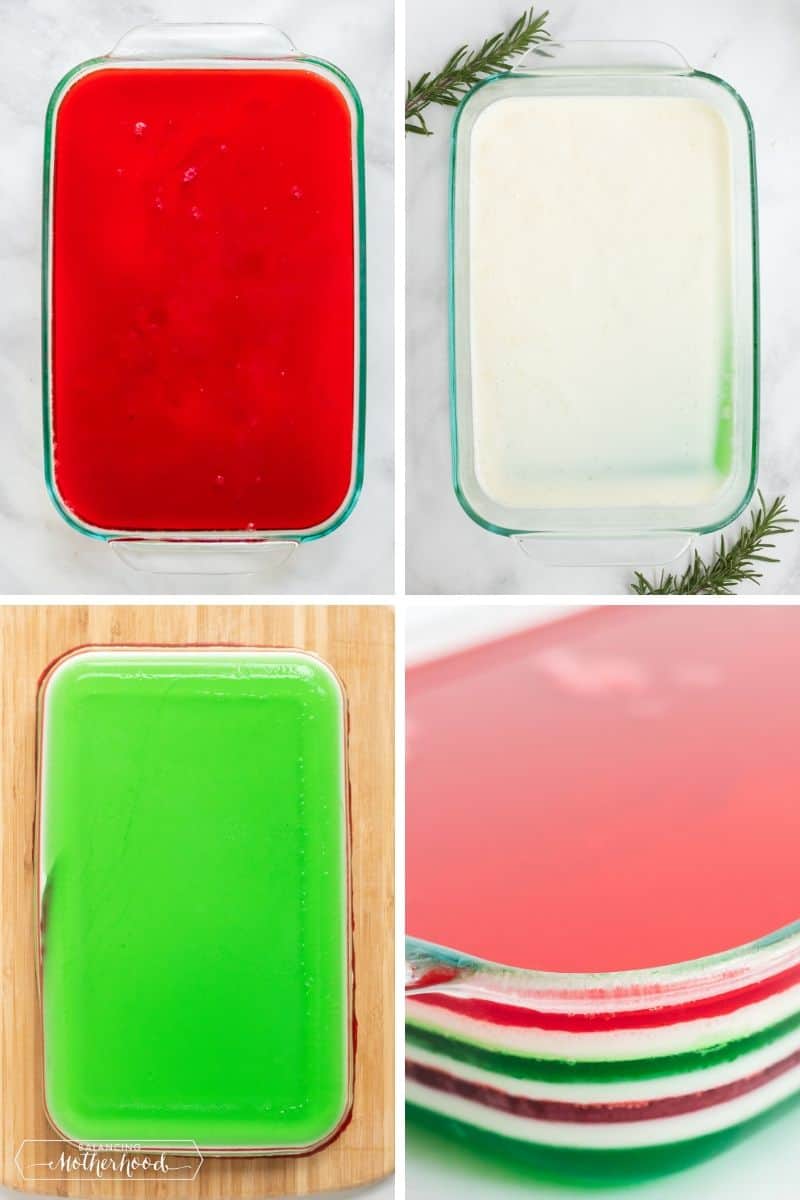 Layers of Christmas jello, red, white and gren