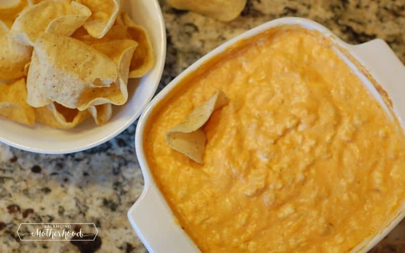 white bowl with baked buffalo chicken dip