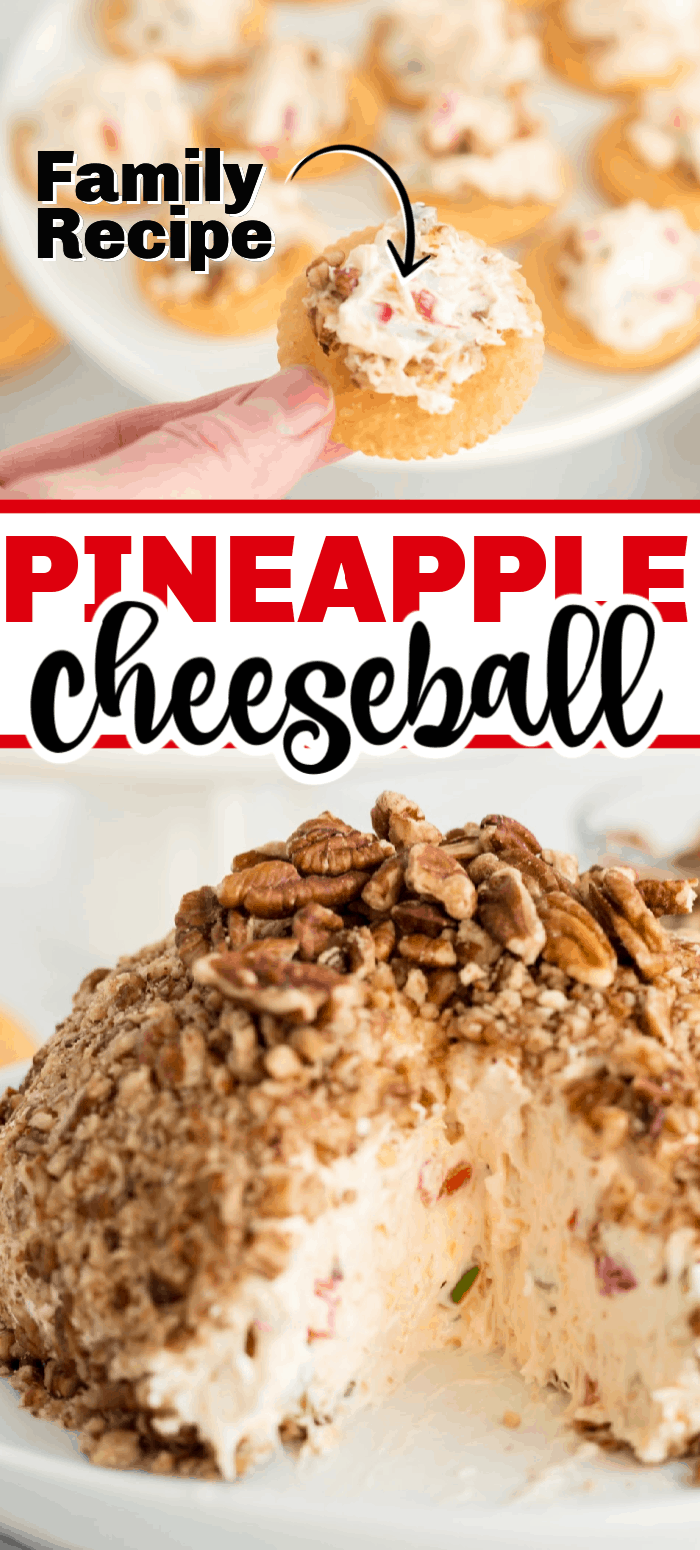 This pineapple cheeseball recipe is an old family favorite that we LOVE. It's the perfect appetizer for a family gathering, holiday get together, football parties ... any time you have people over! It's the PERFECT party pleaser! You'll never buy a cheeseball again after making this simple recipe. #cheeseball #pineapplecheeseball #cheeseballrecipe #pineapple #appetizer