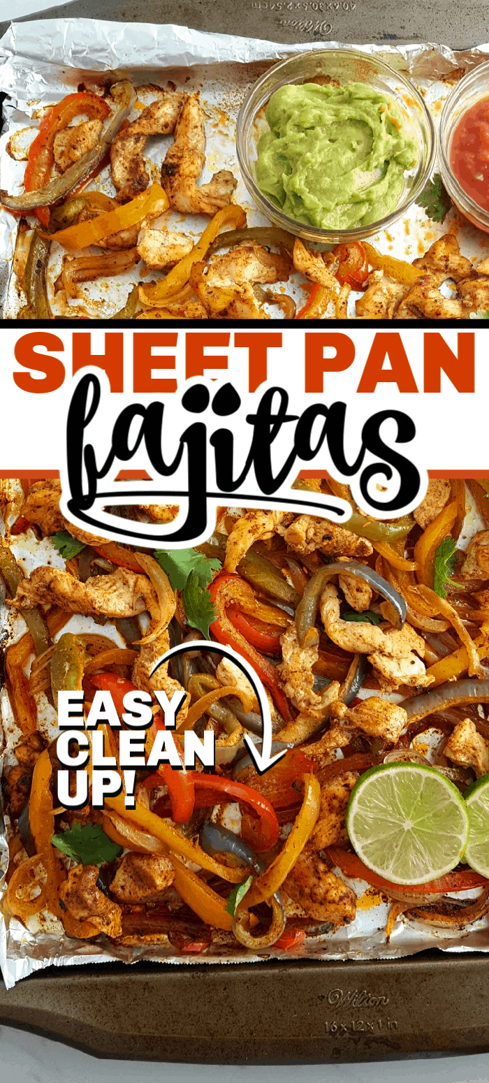 Sheet pan chicken fajitas are a one pan wonder that is cooked in the oven for a quick and easy weeknight dinner that everyone will love! They are so versatile with the ability to throw the chicken fajitas in a tortilla, on a salad, in a taco, or in lettuce wraps. #sheetpan