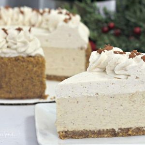 gingerbread cheesecake on white plate