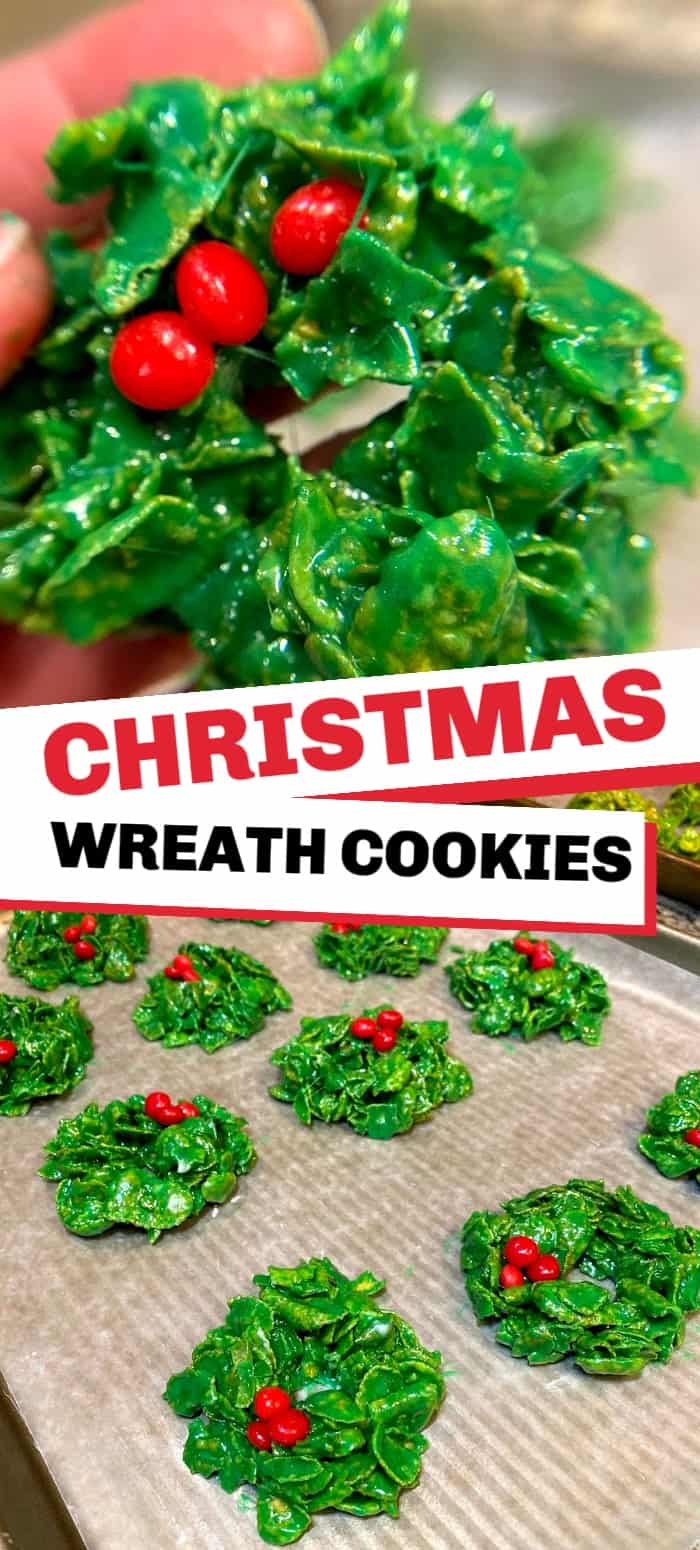 Christmas wreath cookies are an incredibly easy Christmas cookie with just six simple ingredients! It's like a rice crispy treat with corn flakes and marshmallows and bright green color that stands out at any Christmas cookie exchange!