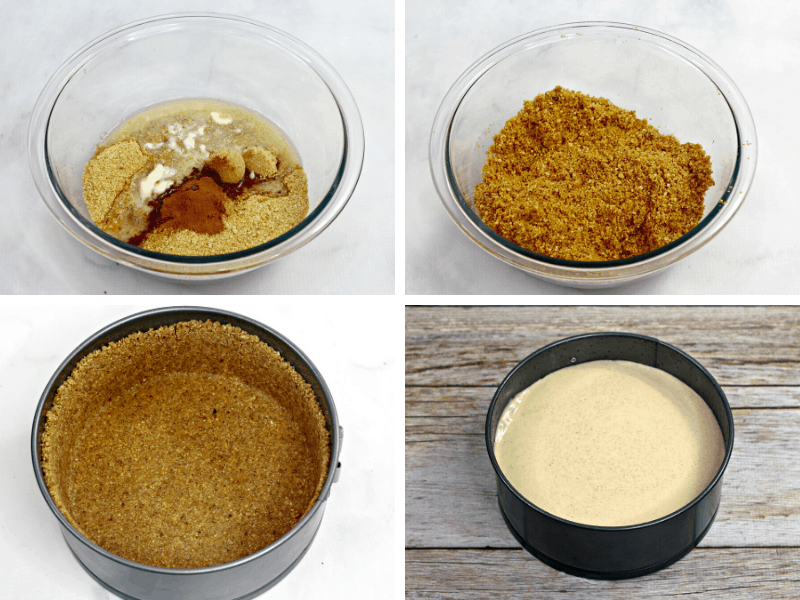 four photos of how to make pumpkin cheesecake crust