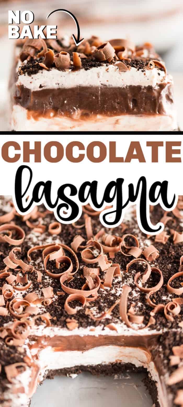 This no bake chocolate lasagna recipe is perfect for the chocolate lover in your family. And, if that means, you, then grab this recipe and whip up a batch of delicious-ness. This dessert is made with chocolate sandwich cookies, cream cheese, whipped cream, and decadent chocolate pudding. 