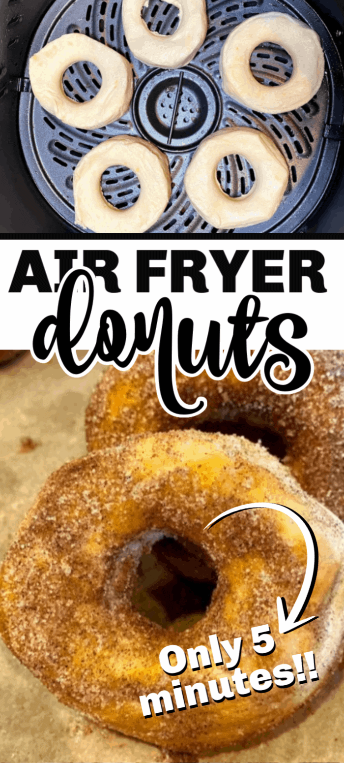 Air Fryer donuts have become a weekend favorite in our house. Made with canned biscuit dough, these donuts are lightly crisp on the outside, and soft on the inside. Dredge them in cinnamon sugar and you've got the perfect donut! And, no deep frying. No mess, no fuss, just a healthier version of your favorite donut. 