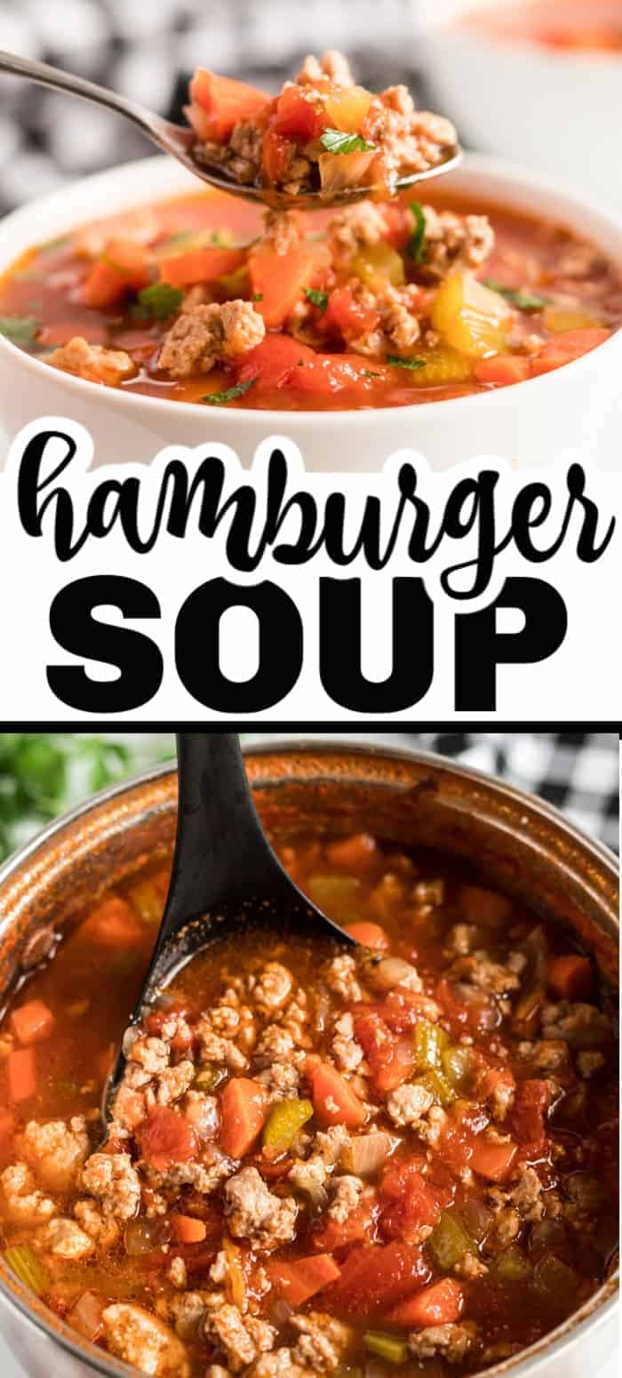 This hamburger soup recipe is a quick and easy dinner that’s a family favorite. It’s packed with ground beef, vegetables and seasonings. It’s perfect for a big family meal, a get together, or when you’re having company over!
