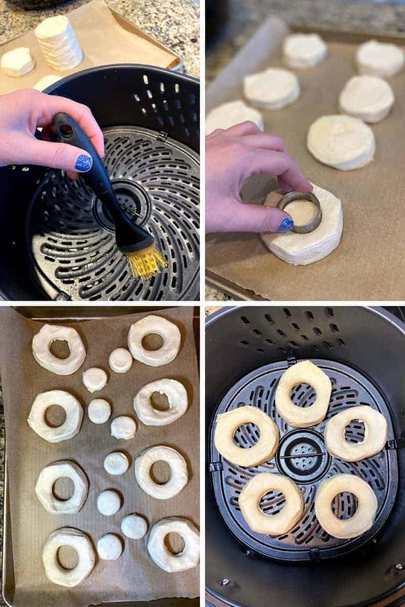 Cutting hole into biscuit dough and placing it in air fryer