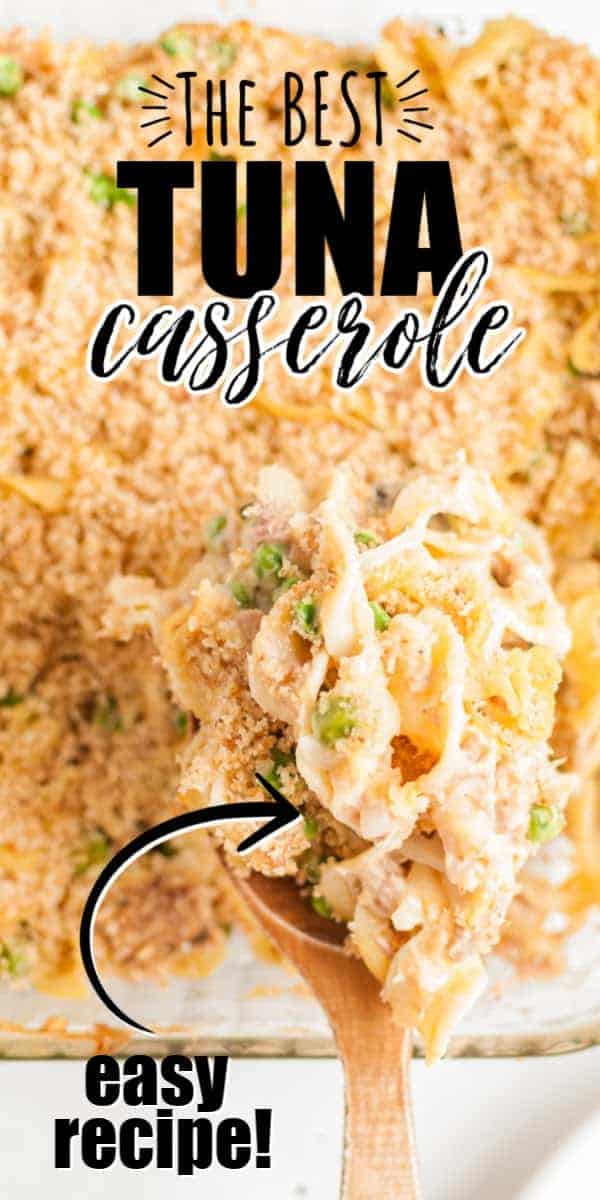 Tuna noodle casserole is a classic homemade meal that is so easy to make with food from your pantry! Tuna is combined with egg noodles, vegetables, cheese, and cream of chicken soup base. Bake and top with buttery bread crumb topping for the perfect, bubbly comfort food. 
