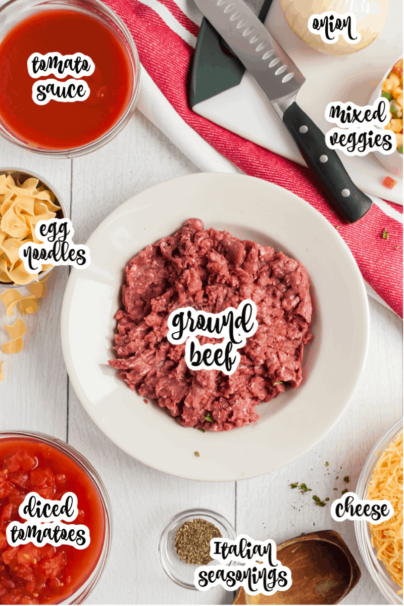 ground beef, tomato sauce, and other ingredients to make hamburger casserole