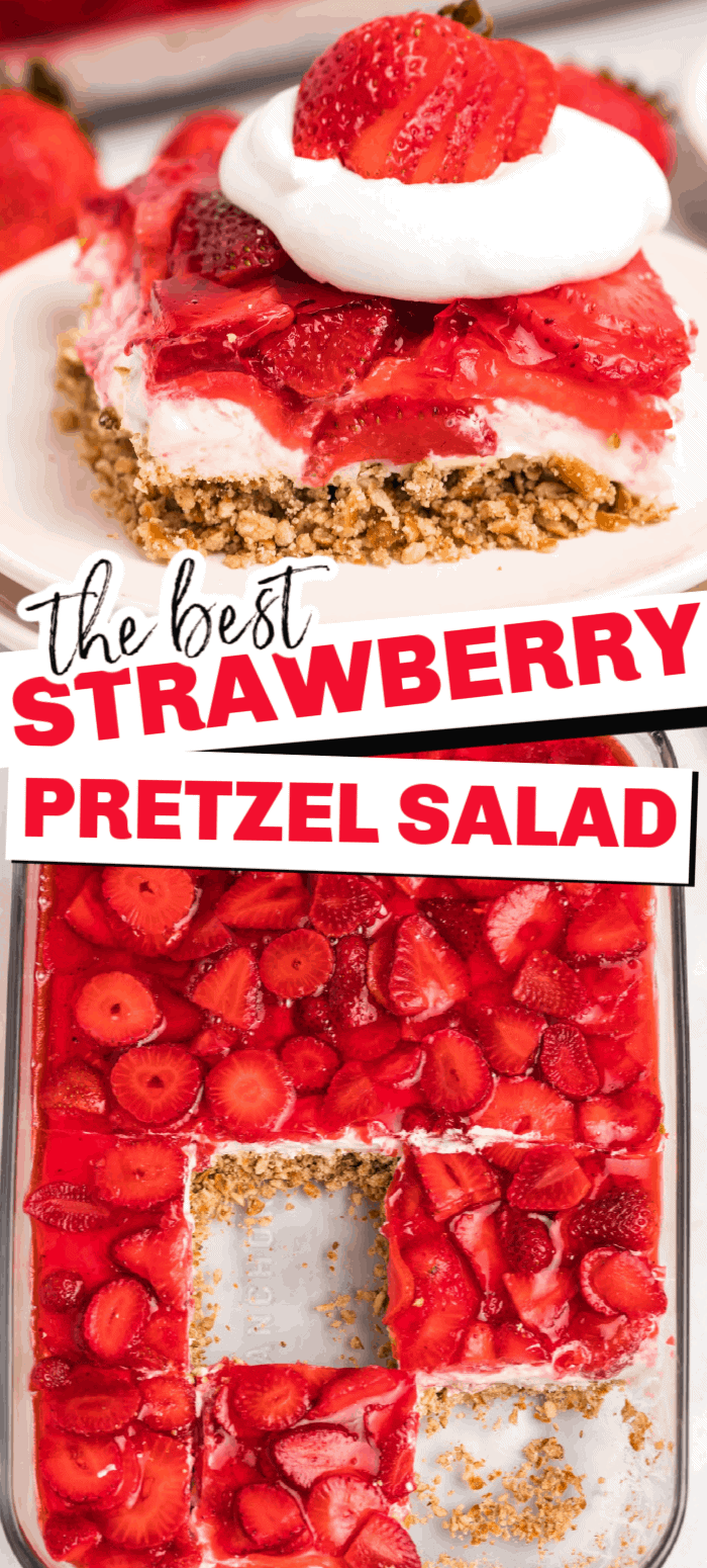 Strawberry pretzel salad is a delicious combination of sweet and salty which makes this fresh dessert a hit wherever you take it or the perfect side to your next family dinner. The salty pretzel crust is a perfect combination with the creamy cream cheese center, and topped with fresh strawberries and jello! This tasty treat is loved by adults and kids!