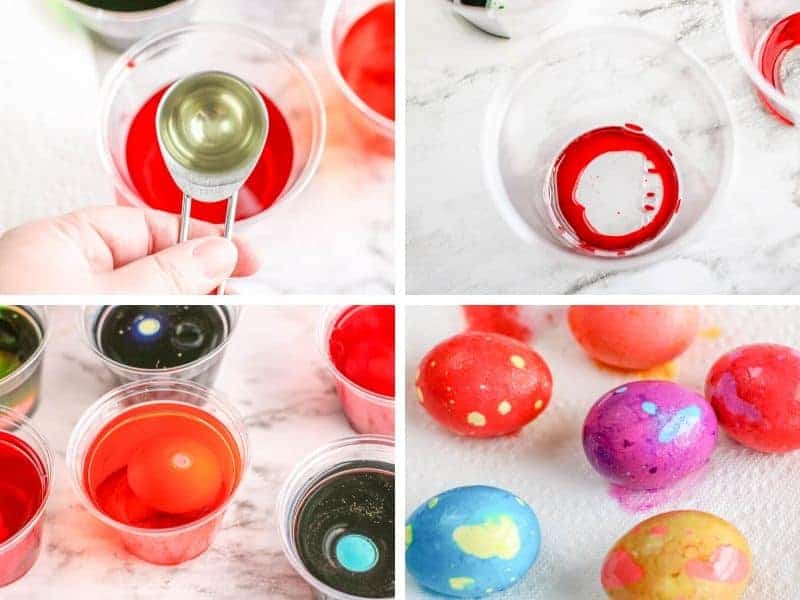 cups with food dye and colored eggs