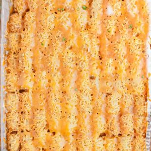 top down view of tater tot casserole out from the oven