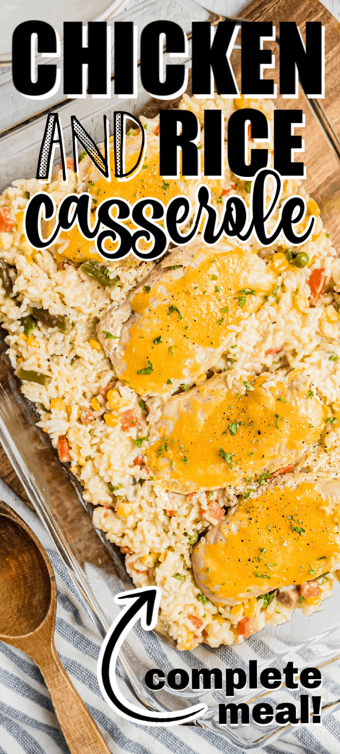 Chicken and rice casserole is perfect comfort food and great for a busy weeknight meal. It's filled with rice and creamy sauce and packed with veggies. Then it's topped with tender chicken topped with melted cheddar cheese.