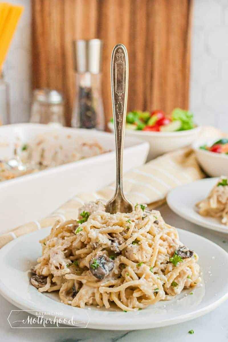 plate of chicken tetrazzini with fork in it