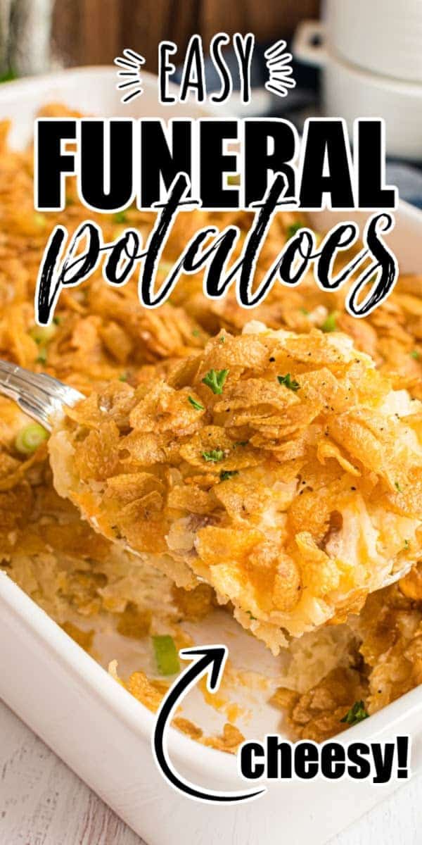 Funeral Potatoes, otherwise known simply as potato casserole, is a cheesy and creamy side dish with a crunchy top! It's such a delicious and simple casserole that is filled with cream of chicken, cheddar cheese, sour cream, and butter and topped with crunchy corn flakes.