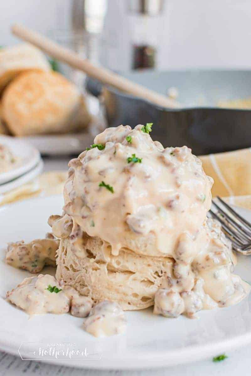 two biscuits topped with gravy
