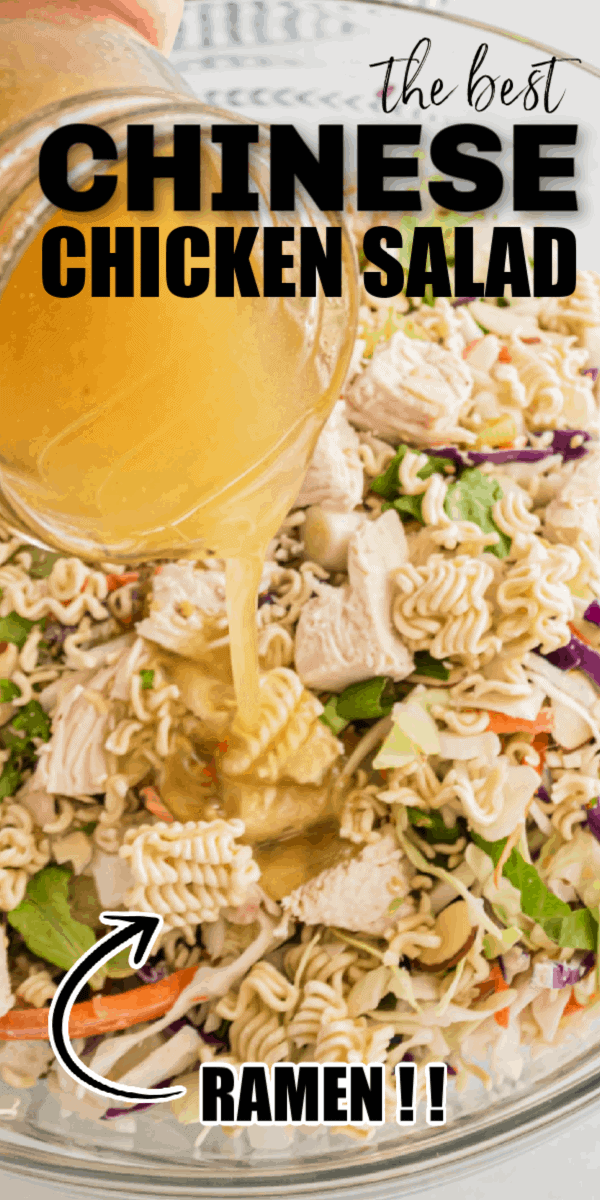 Chinese Chicken Salad is easily made at home by combining cabbage, toasted sesame seeds, slivered almonds, chicken and ramen noodles with an easy to make homemade Chinese chicken salad dressing. 