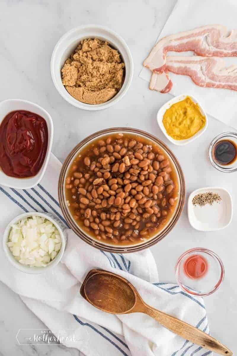 bowls of the ingredients for baked beans