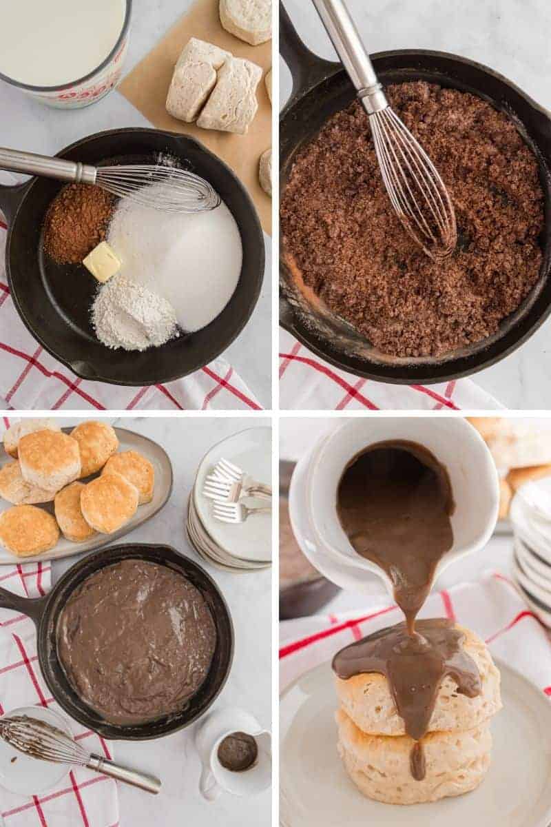 four stages of making chocolate gravy in a skillet. 