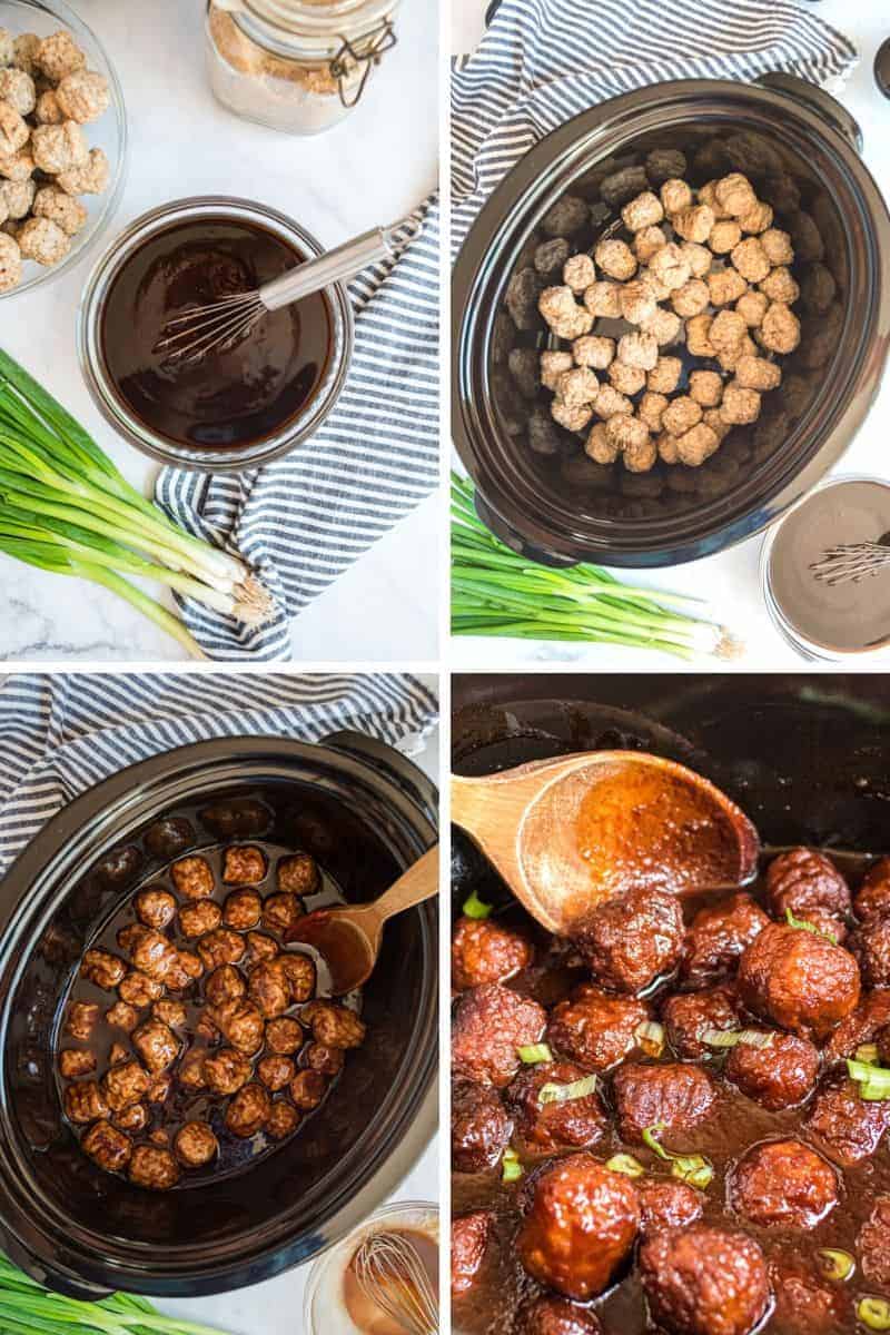 mixing sauce, and adding meatballs in crockpot