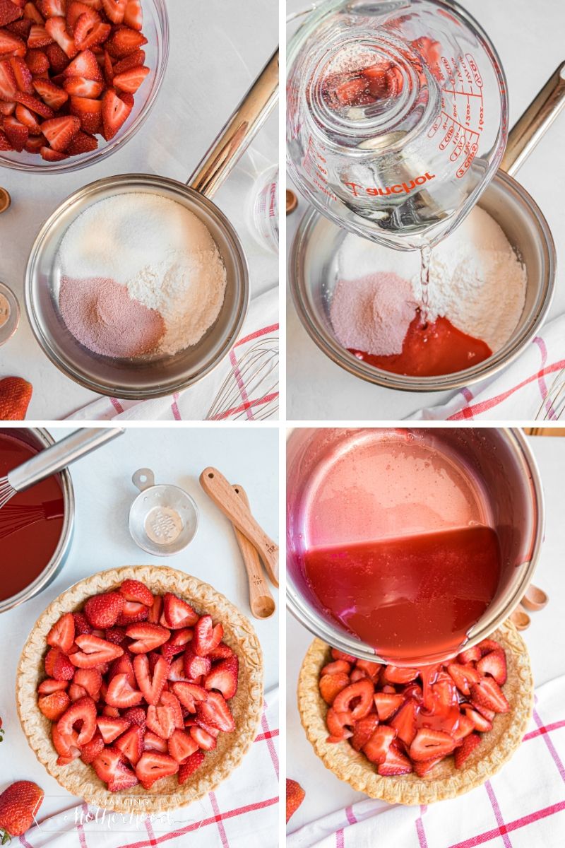 Making strawberry gelatin and pouring on top of sliced strawberries.