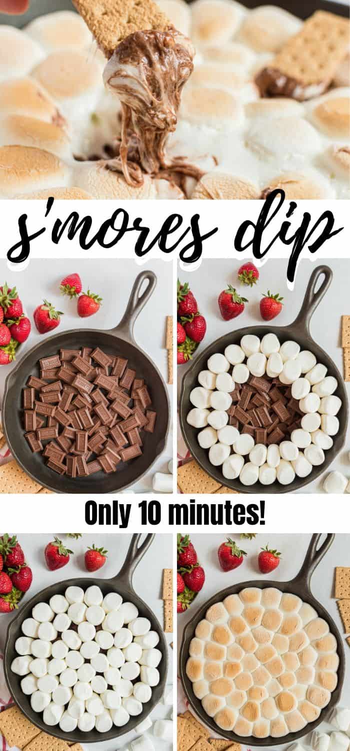 This easy ooey-gooey s’mores dip is the perfect treat that combines combines creamy chocolate, fluffy marshmallows, and graham crackers to make the most delicious treat ready in under 10 minutes! The cast-iron pan keeps it hot while you eat it!