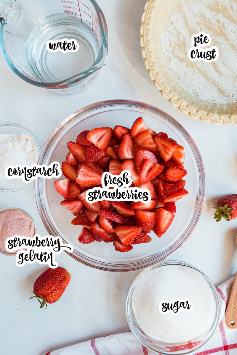 pie crust, water, strawberries, gelatin, cornstarch and other strawberry pie ingredients