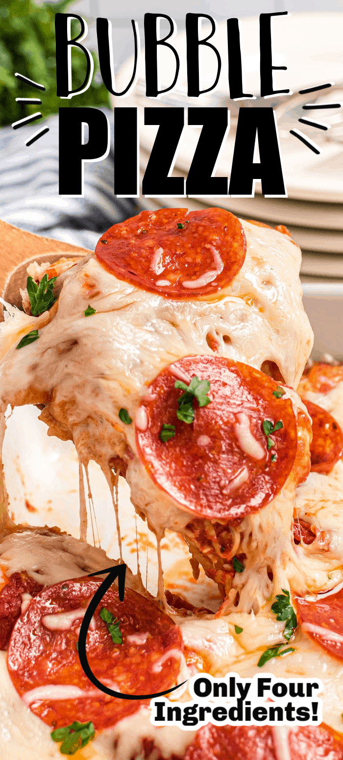 Bubble pizza is a canned biscuit casserole topped with tomato sauce, pepperoni, and mozzarella cheese. This FOUR ingredient recipe is so easy. You're going to love it!