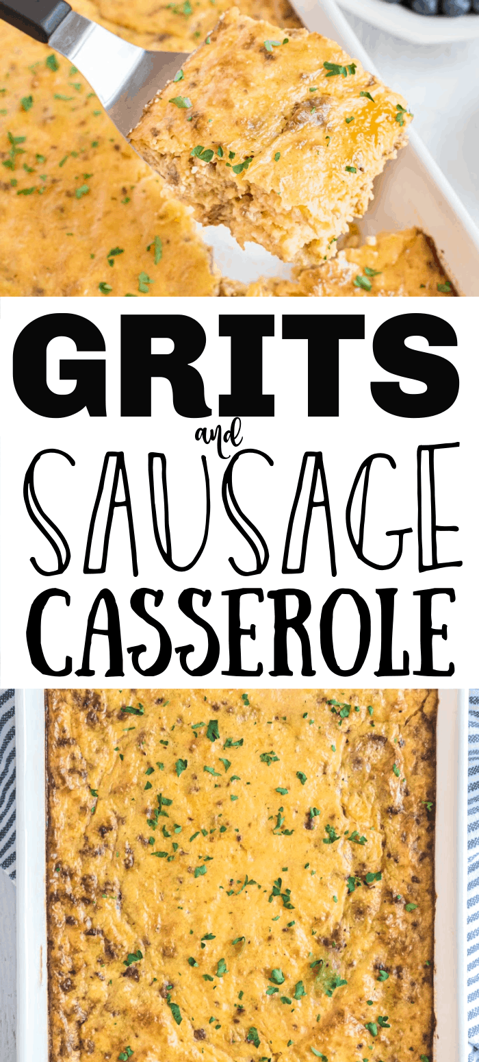 This grits casserole is a hearty breakfast filled with creamy cheese grits and maple sausage. It's the perfect breakfast for a holiday or when company is over. 