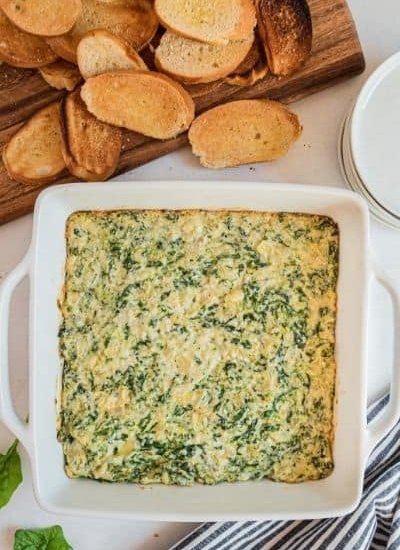 casserole dish with warm spinach dip