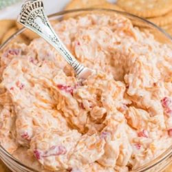 A bowl of the best cheesy dip with crackers and a spoon.