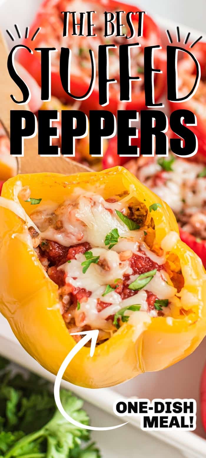 Stuffed bell peppers is an easy dinner with tender peppers stuffed with ground beef, onions, seasonings, and rice, then topped with tomato sauce and cheese.