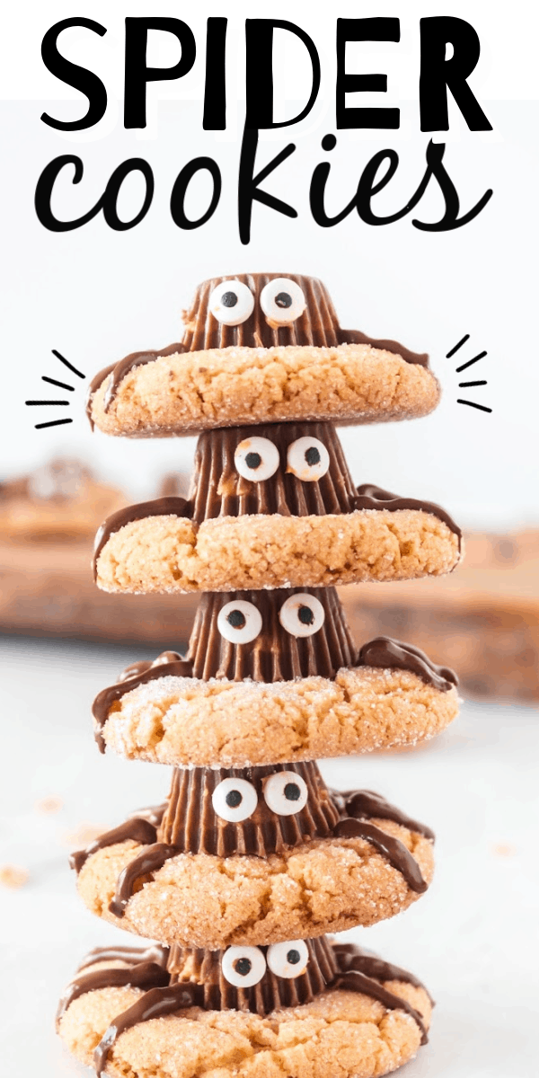 These spider cookies are chewy peanut butter cookies with a Reese’s peanut butter cup on top, chocolate legs, and googly eyes! So cute. They’re a perfect, easy treat for Halloween.