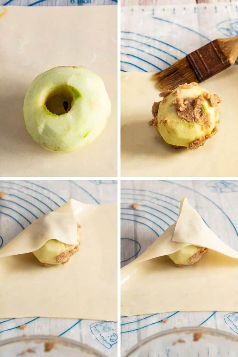 Folding pie crust over apple. 