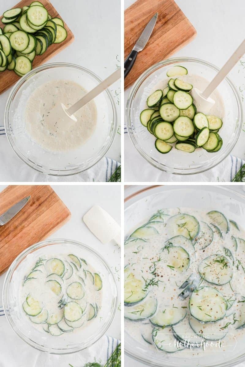 step by step images of making cucumber salad: making dressing, adding sliced cucumbers