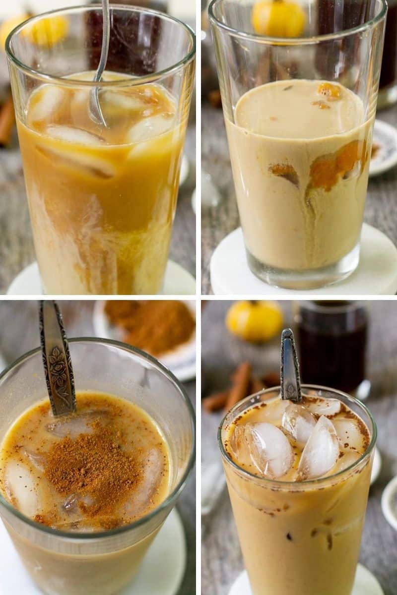 four glasses with stages of adding liquid ingredients for pumpkin spice latte