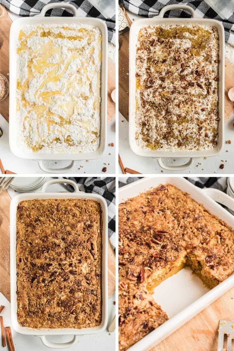 layers of pumpkin dump cake ending with baked cake and a slice out
