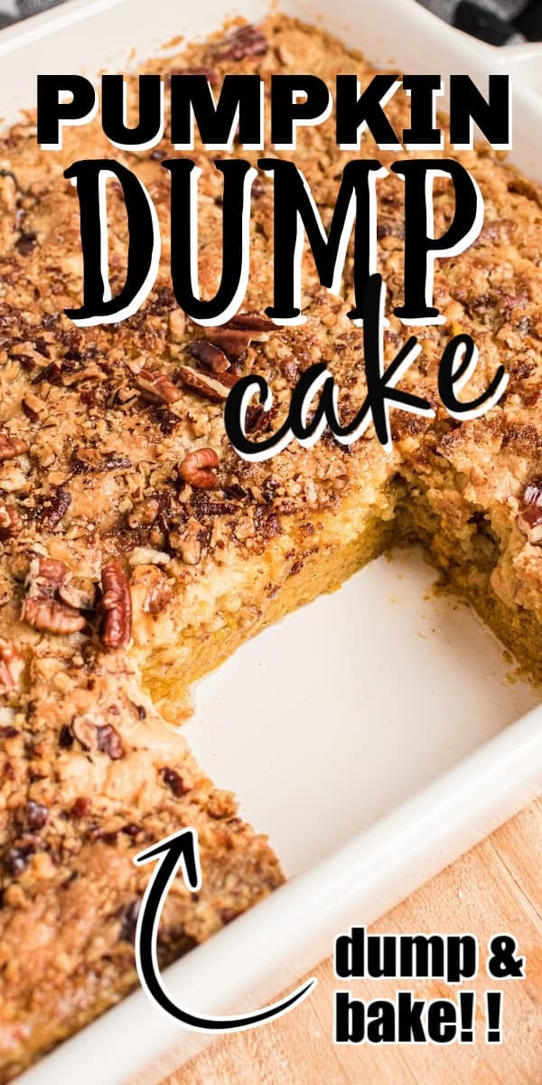 Pumpkin dump cake is an easy fall recipe that you just dump and bake. The bottom layer is a perfect, creamy pumpkin pie topped with a buttery pecan cake layer. #falldessert #pumpkin #dumpcake #easydessert #pumpkinspice