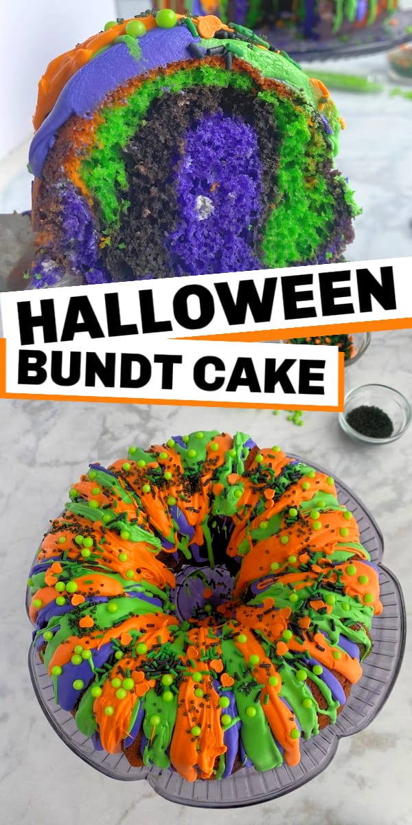 This Halloween bundt cake is super easy to make and is a visual treat that you can customize with your favorite Halloween colors. Using a box cake mix, and food coloring, you can make a creative swirl on the inside of this cake!