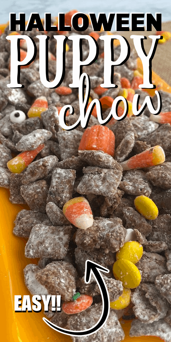 Halloween puppy chow is such a fun treat. Also known as muddie buddies, it's a simple treat with rice cereal, melted chocolate and peanut butter, powdered sugar and seasonal candies - all mixed together. 