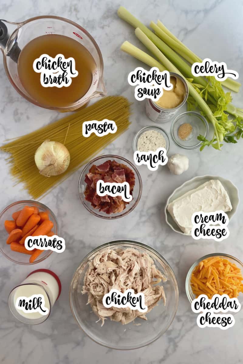 ingredients for crack chicken soup: chicken, cream cheese, bacon, cheddar cheese, broth, and more